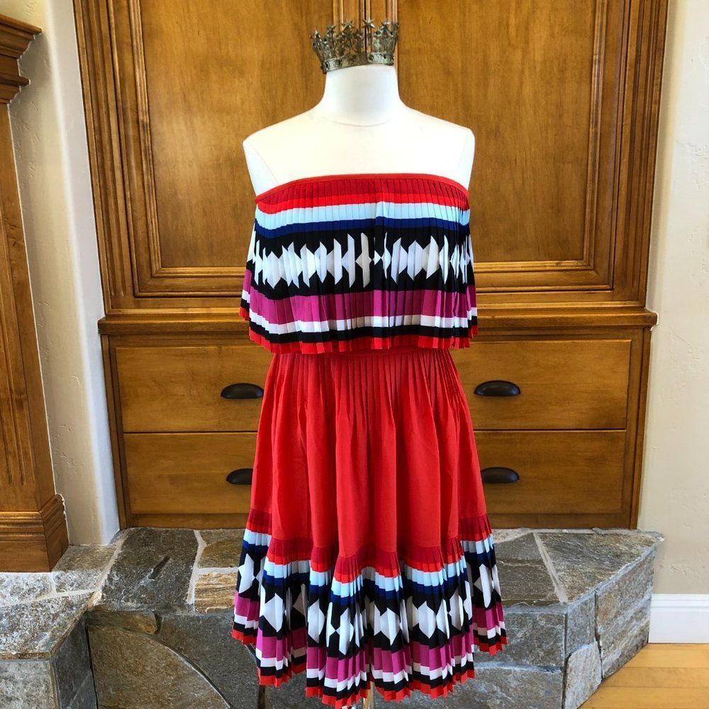 Kate Spade New York Multi Color Geo Border Strapless Pleated Dress Size 8 NWOT
